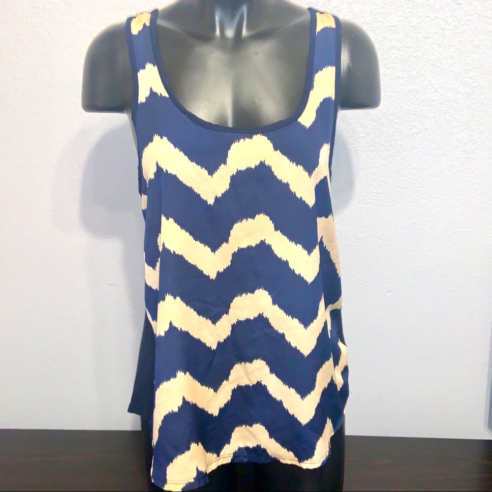 Bella D sheer front, navy/tan chevron S tank
